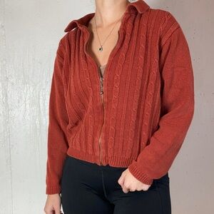 Vintage Burnt Orange Cable Knit Cardigan Zip Up Sweater